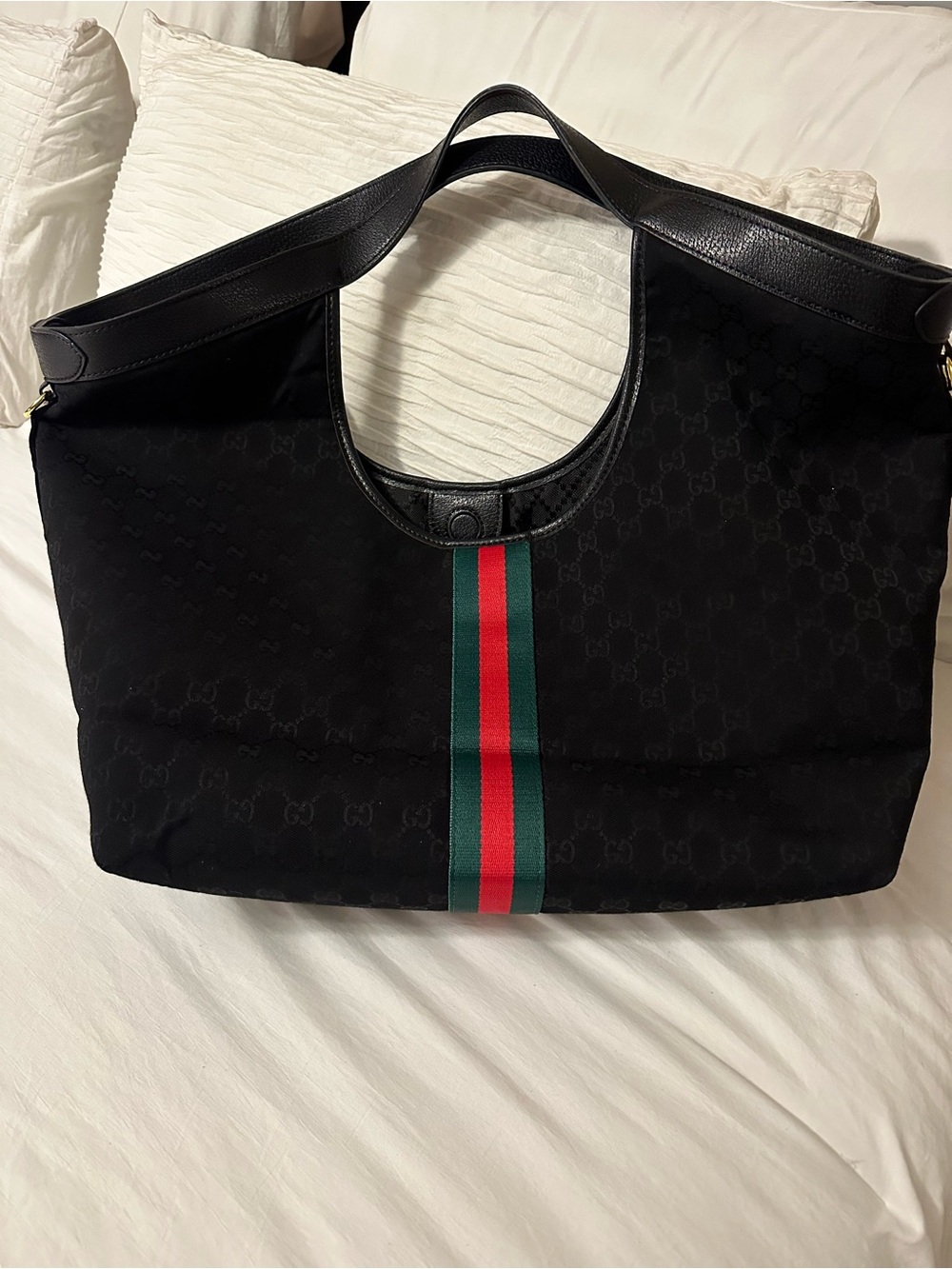 Gucci Black GG Tote with Green and Red Stripe - Picture 2 of 2